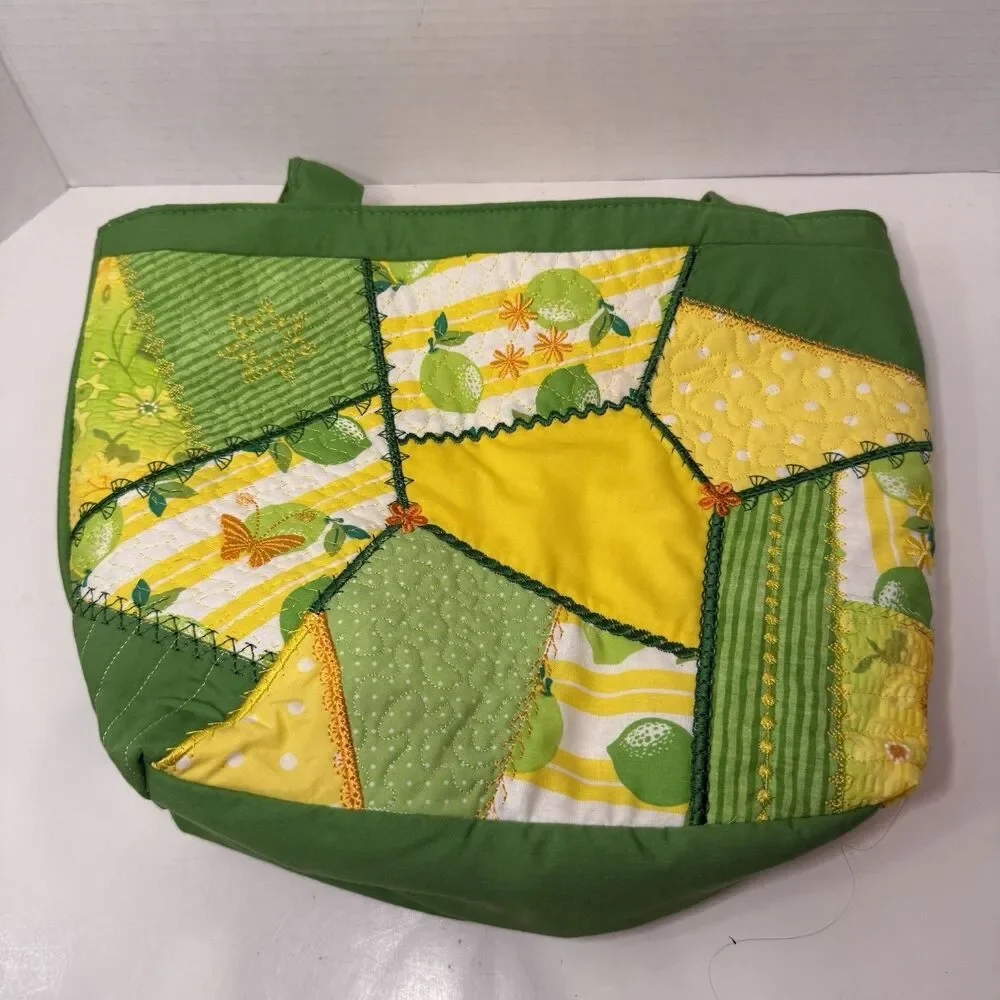 Handmade Quilted Lemon Patchwork Tote Bag Cottagecore Farmer Market Shoulder Bag